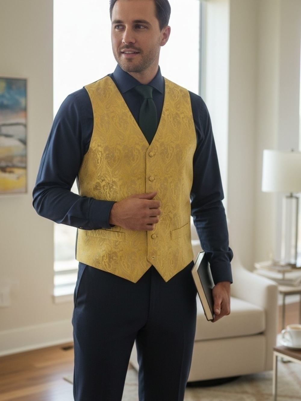 Barry.Wang Gold Paisley Formal Vest M  Regular Size Men's Dress Waistcoat